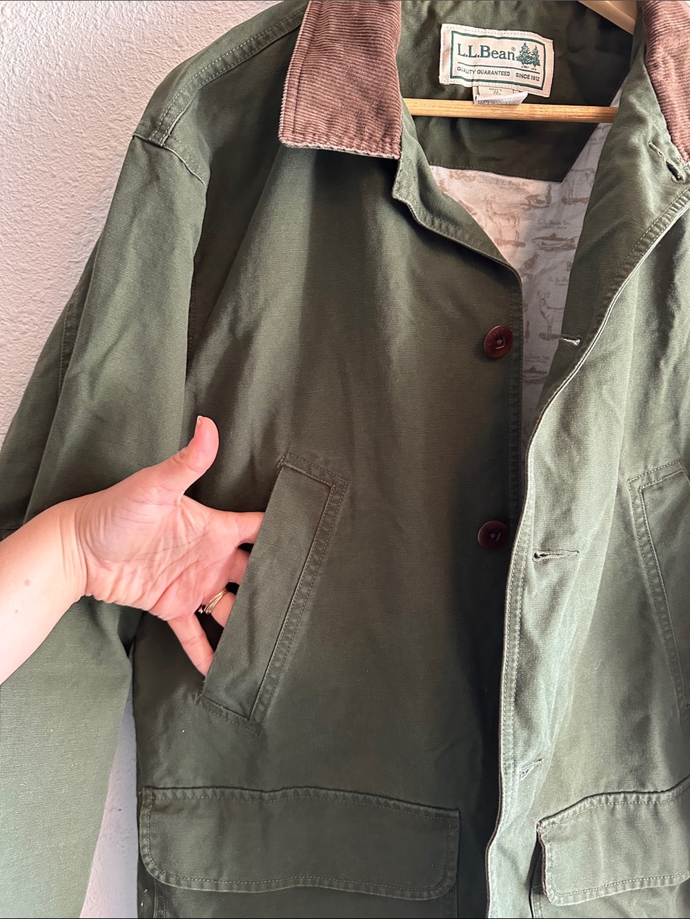 VTG 90’s L.L. Bean Olive Green Field Jacket with Brown Corduroy Collar M - Picture 8 of 14